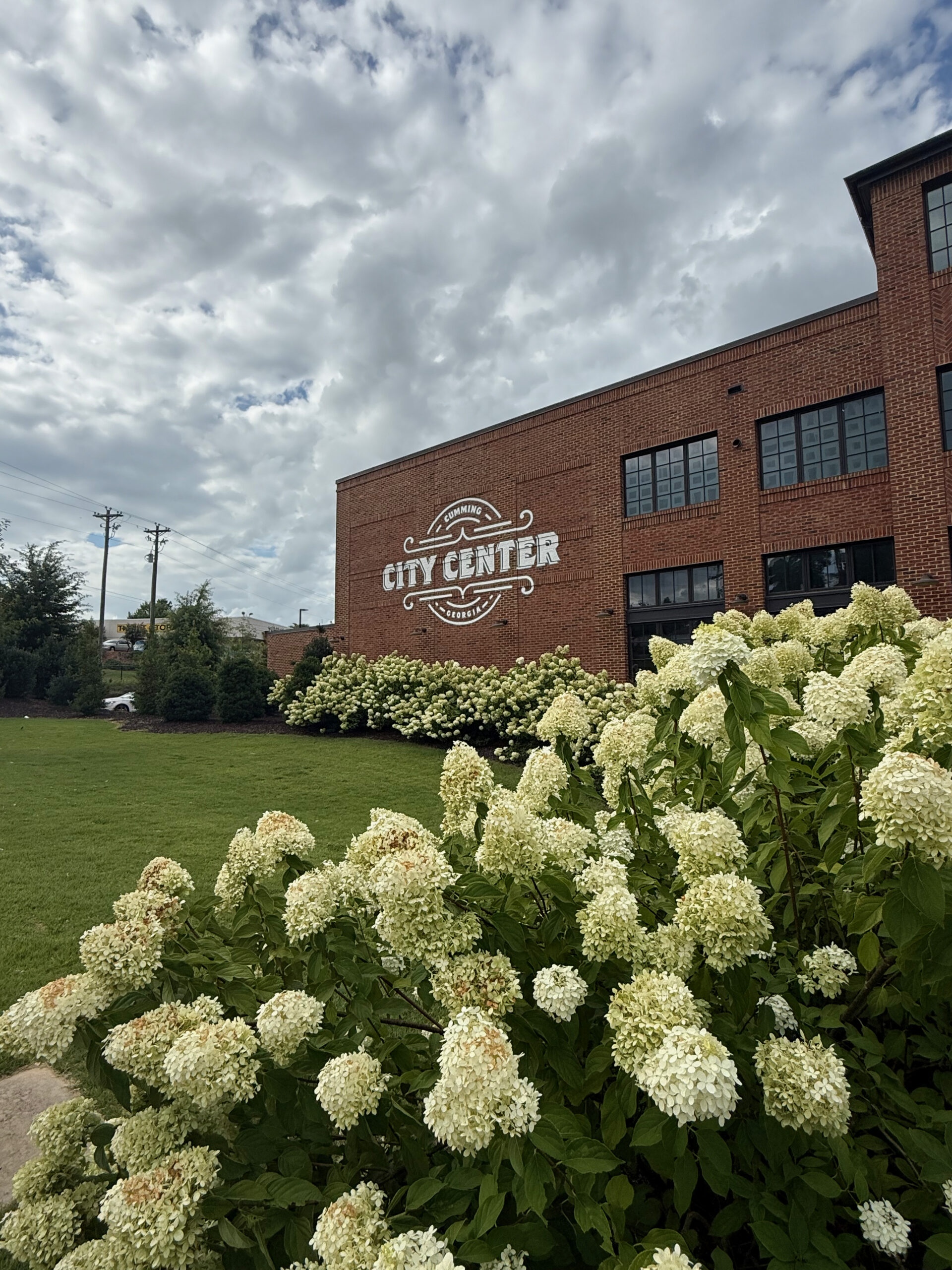 Cumming City Center sign on a brick building beside flowering hydrangeas